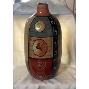 Tall‎ Ceramic Cylindrical Multicolored Vase-14.5" Green Red Gold Orange Decor